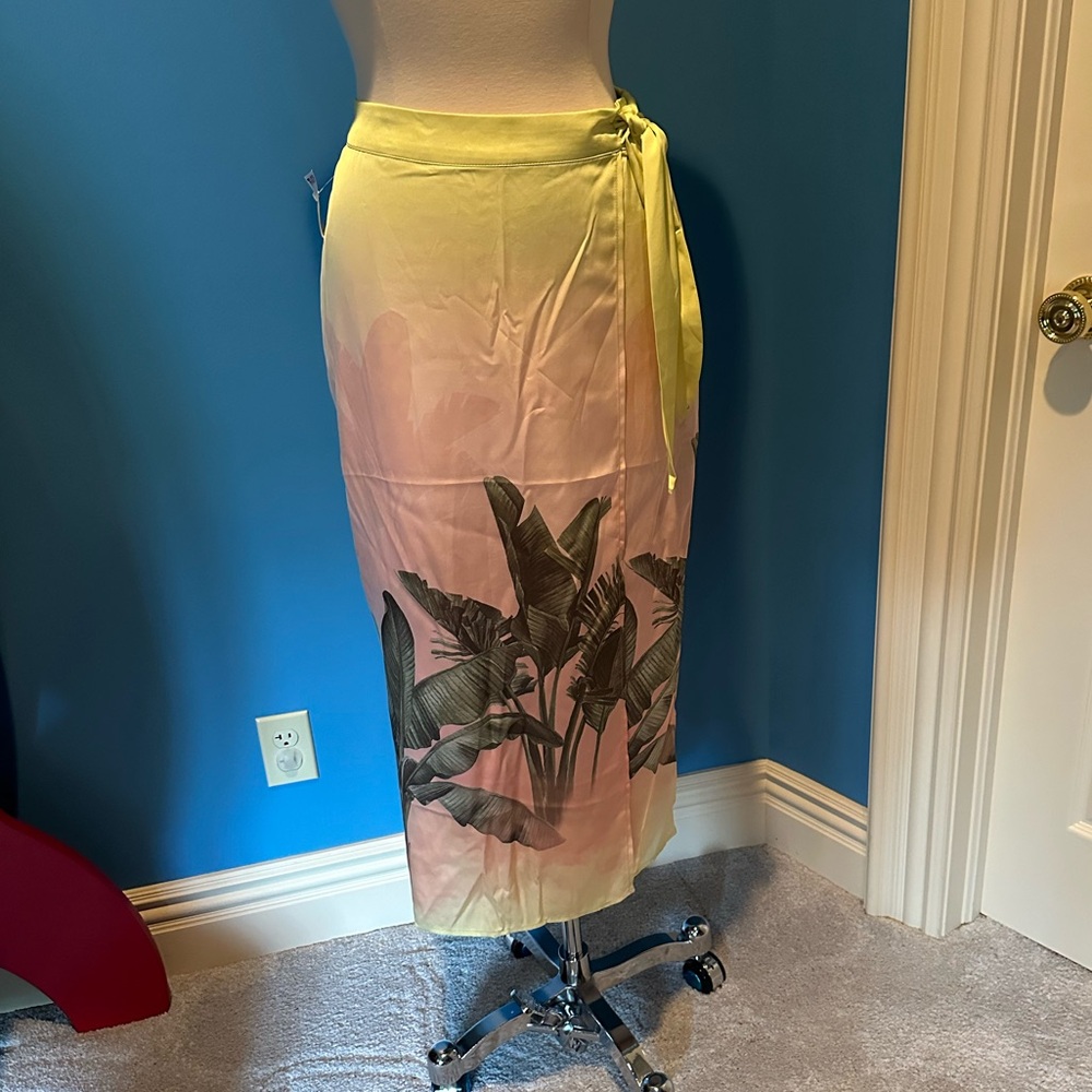 Rachel Zoe Yellow and Pink Faux wrap tropical print silky skirt